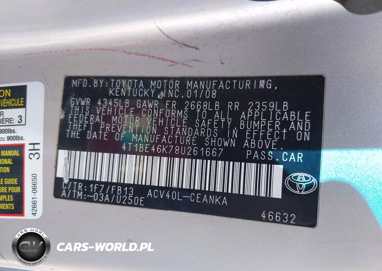 2008 Toyota Camry Le VIN:4T1BE46K78U261667 - 9