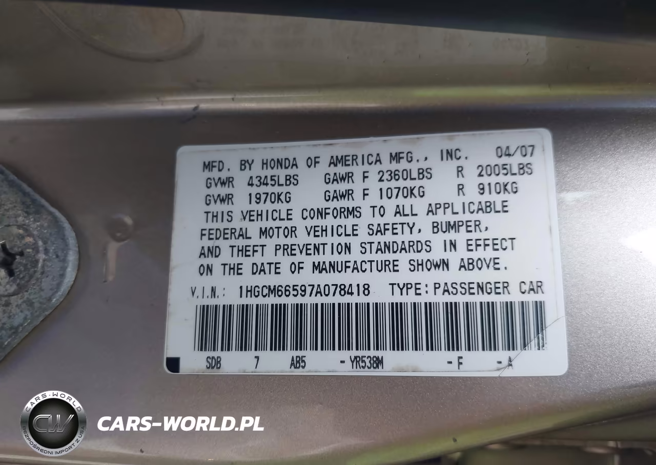 2007 Honda Accord 3.0 Ex VIN:1HGCM66597A078418 - 9