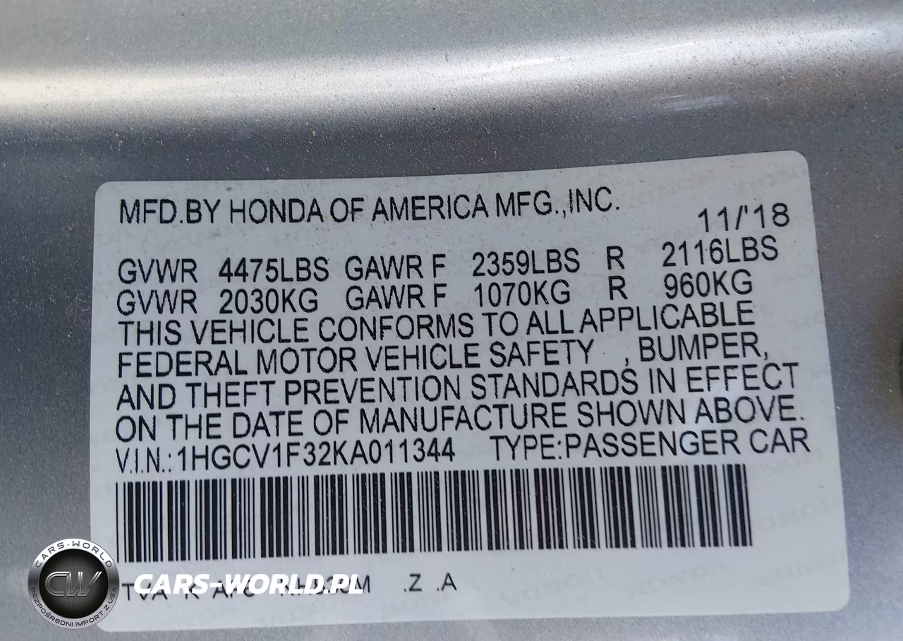 2019 Honda Accord Sport VIN:1HGCV1F32KA011344 - 9