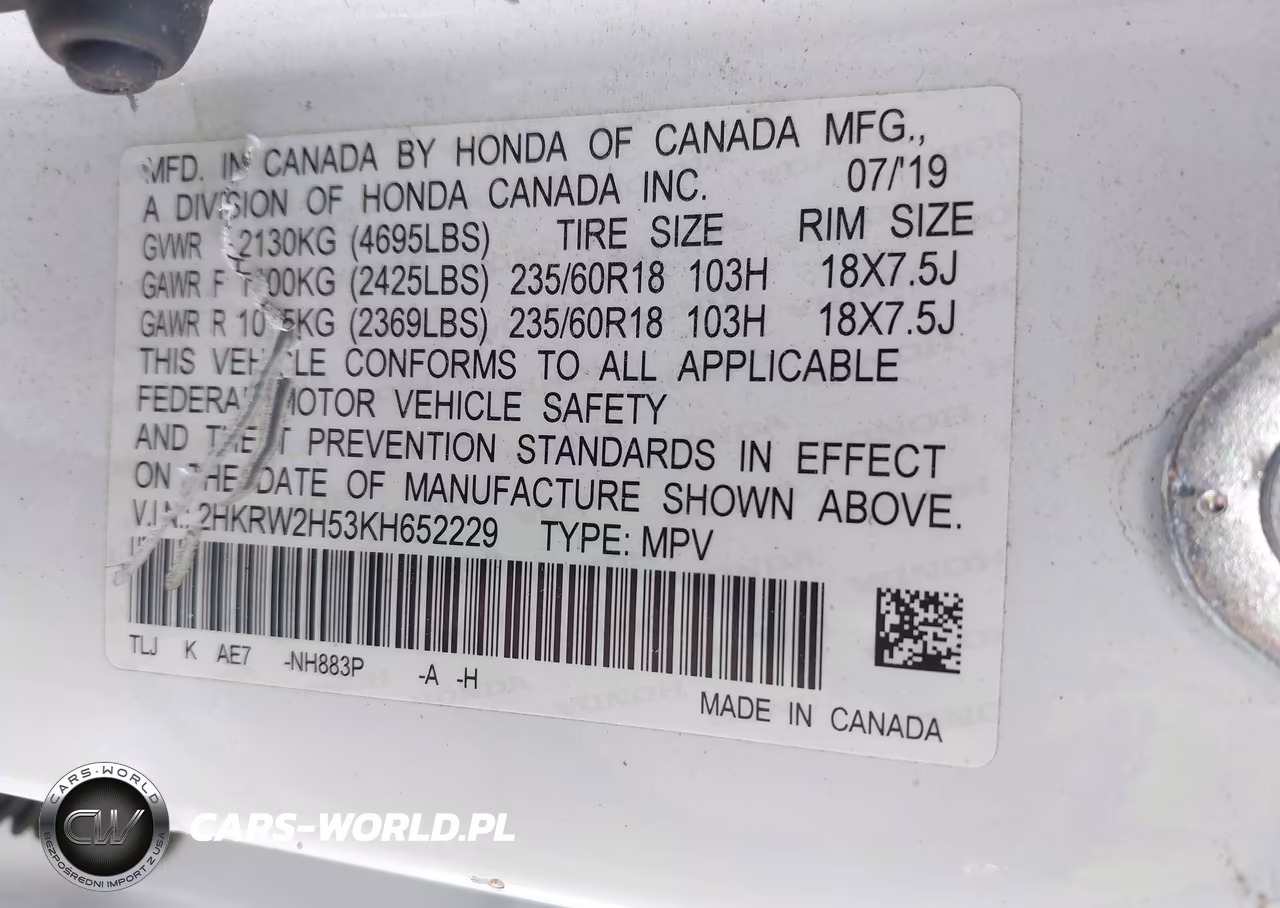 2019 Honda Cr-V Ex VIN:2HKRW2H53KH652229 - 9