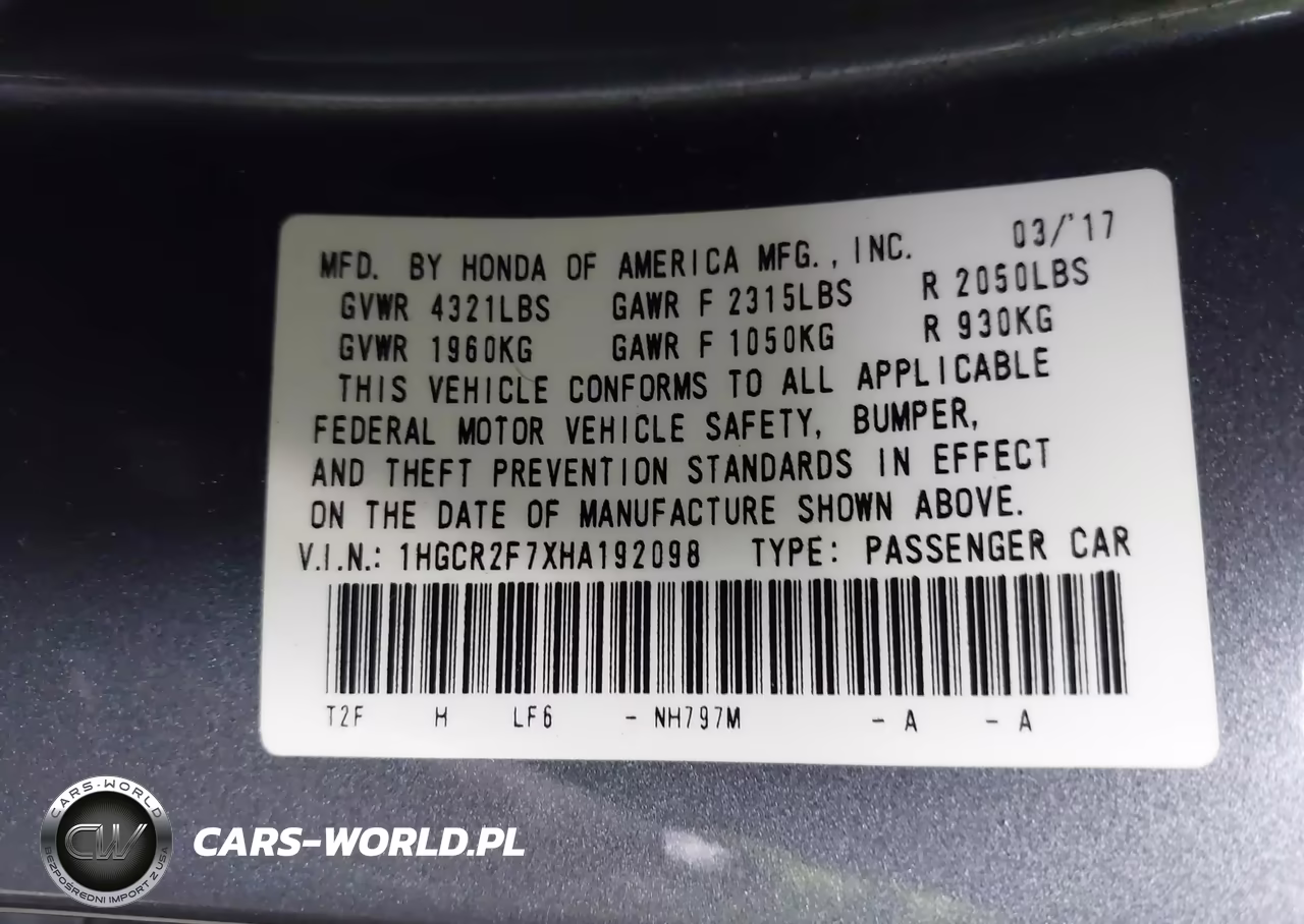 2017 Honda Accord Ex VIN:1HGCR2F7XHA192098 - 9