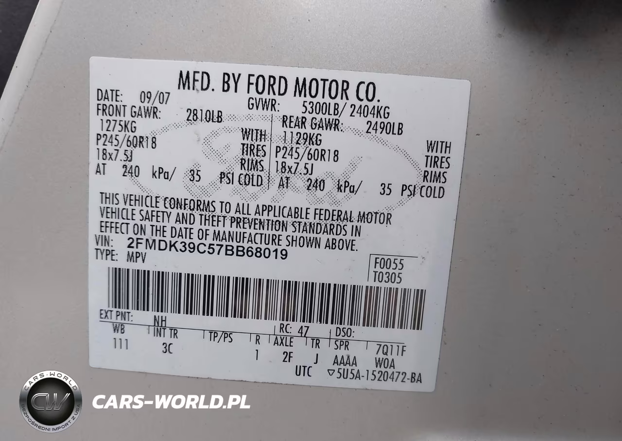 2007 Ford Edge Sel Plus VIN:2FMDK39C57BB68019 - 9