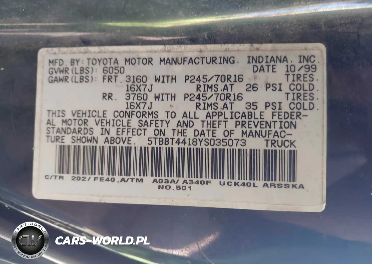 2000 Toyota Tundra Sr5 V8 VIN:5TBBT4418YS035073 - 9