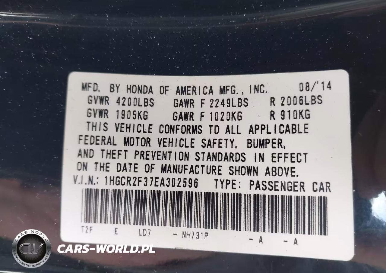 2014 Honda Accord Lx VIN:1HGCR2F37EA302596 - 9