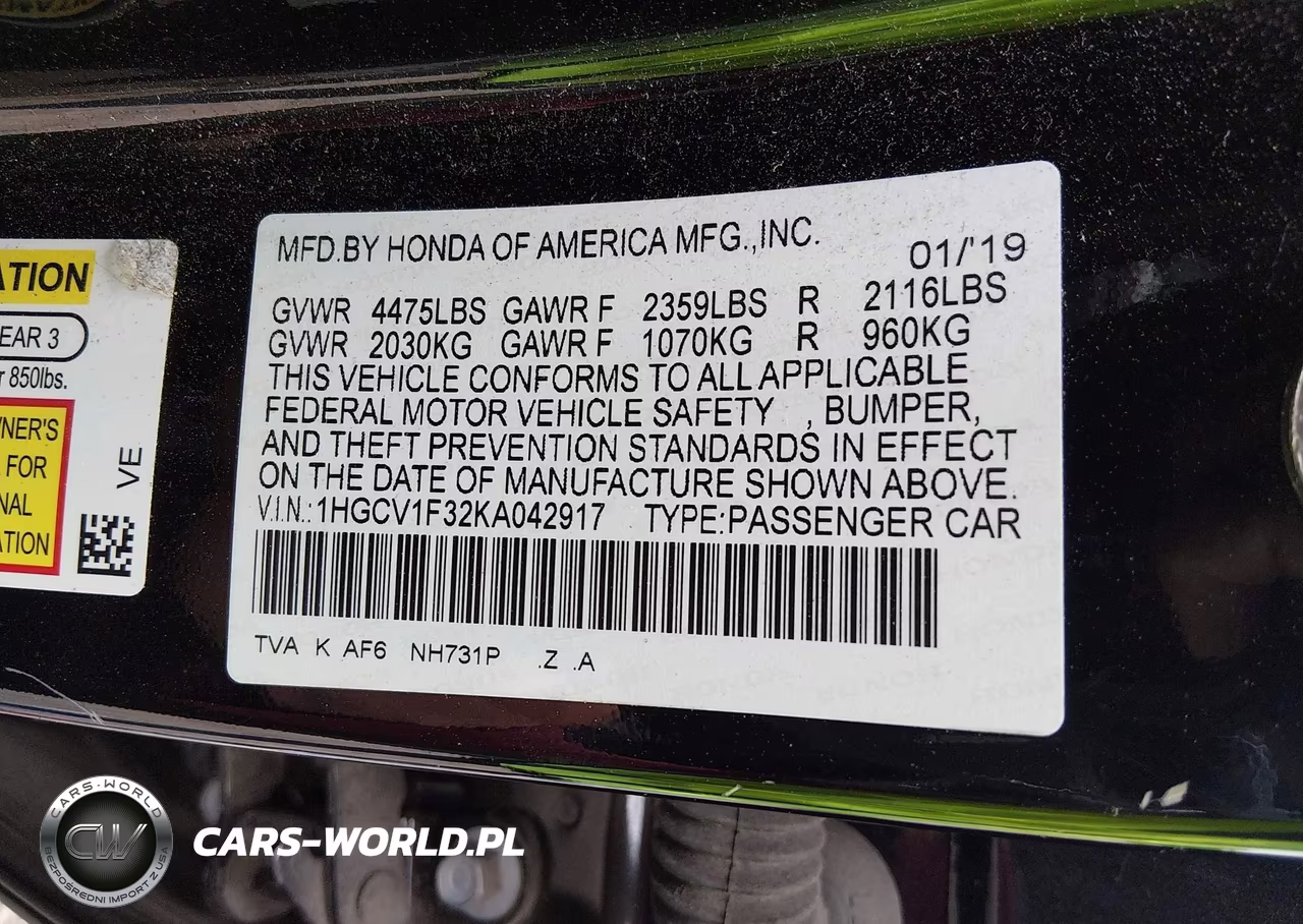 2019 Honda Accord Sport VIN:1HGCV1F32KA042917 - 9