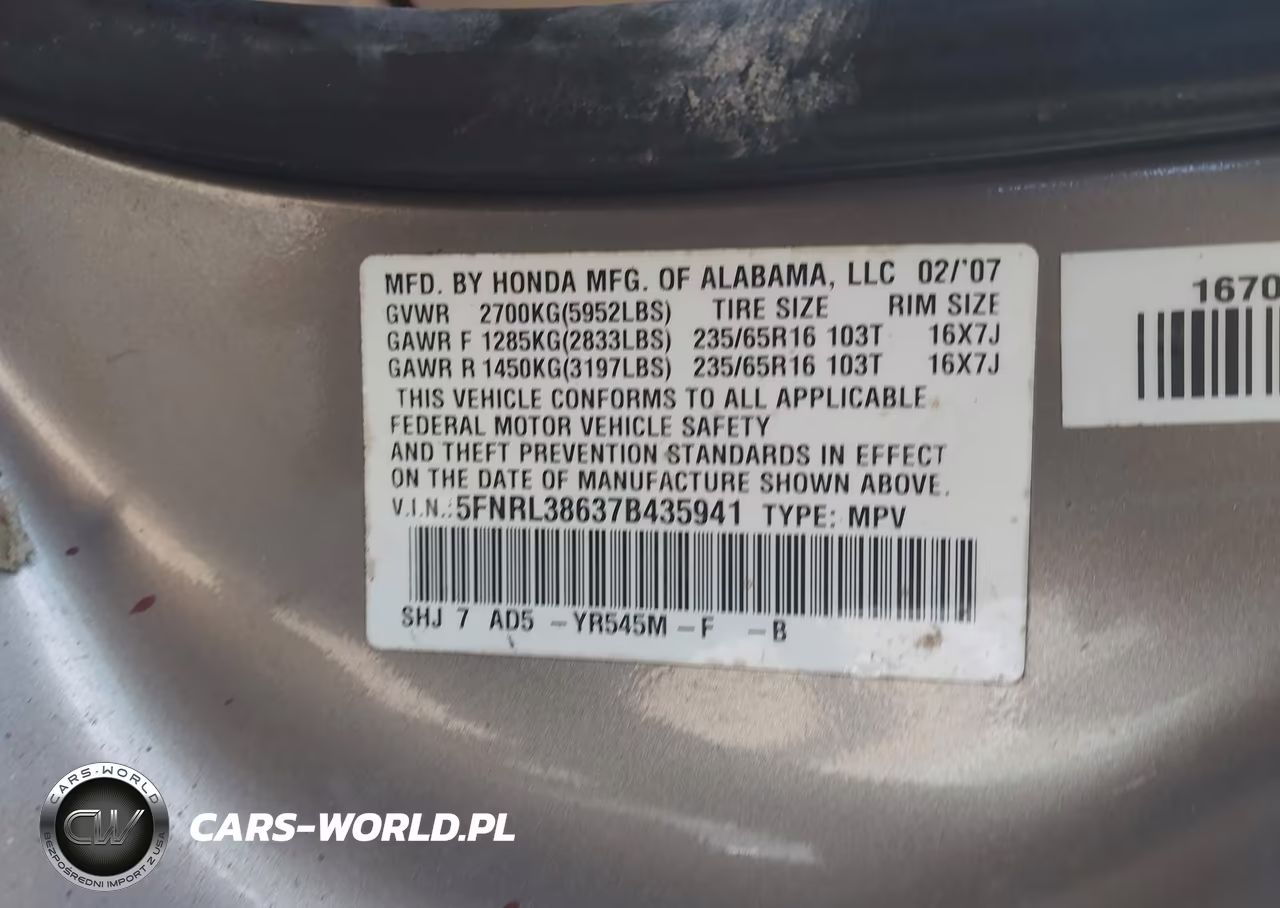 2007 Honda Odyssey Ex-L VIN:5FNRL38637B435941 - 9