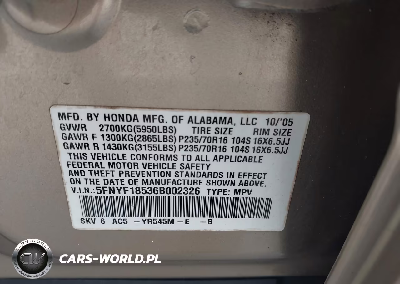 2006 Honda Pilot Ex-L VIN:5FNYF18536B002326 - 9