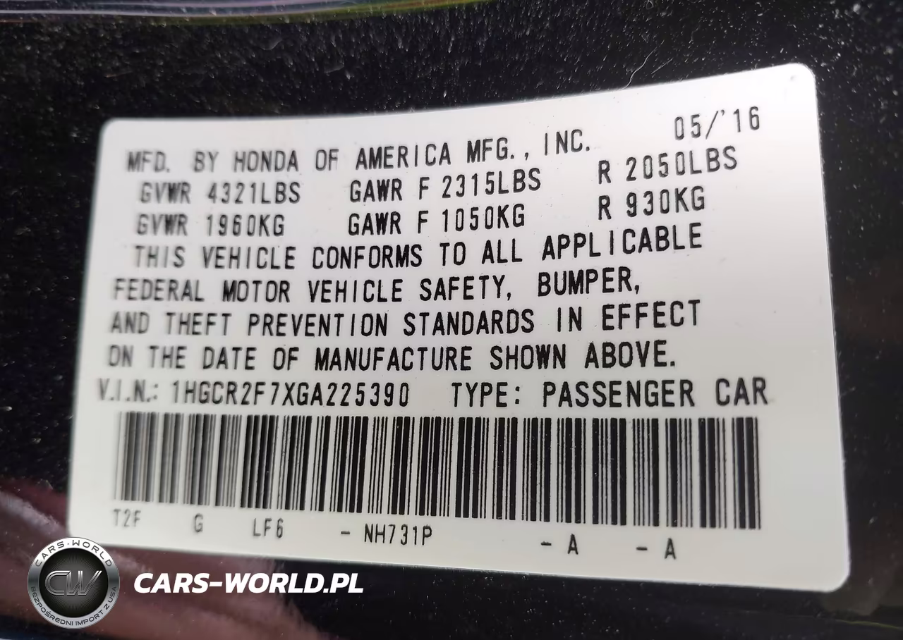 2016 Honda Accord Ex VIN:1HGCR2F7XGA225390 - 9