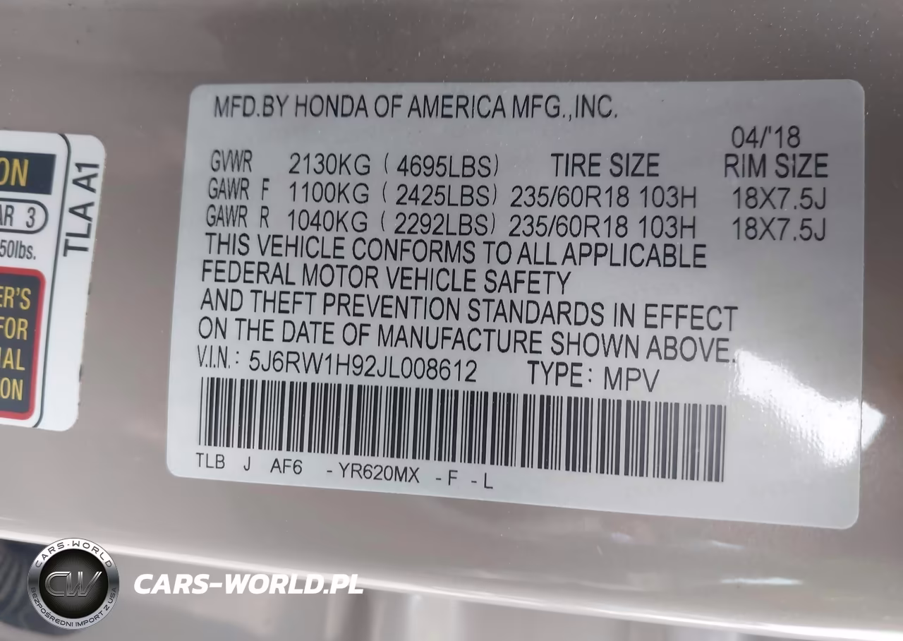 2018 Honda Cr-V Touring VIN:5J6RW1H92JL008612 - 9