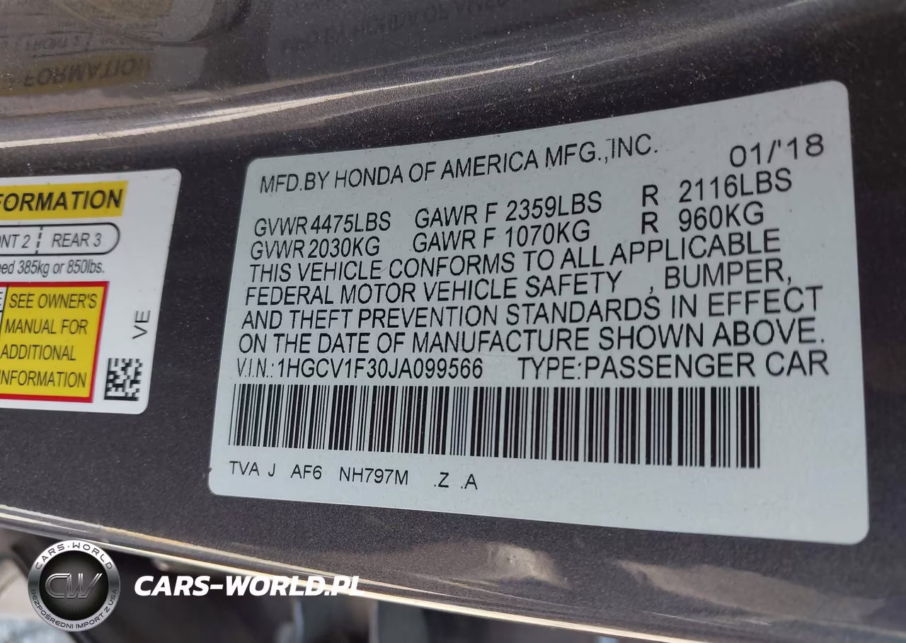 2018 Honda Accord Sport VIN:1HGCV1F30JA099566 - 9