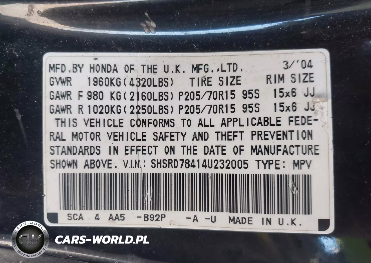 2004 Honda Cr-V Lx VIN:SHSRD78414U232005 - 9