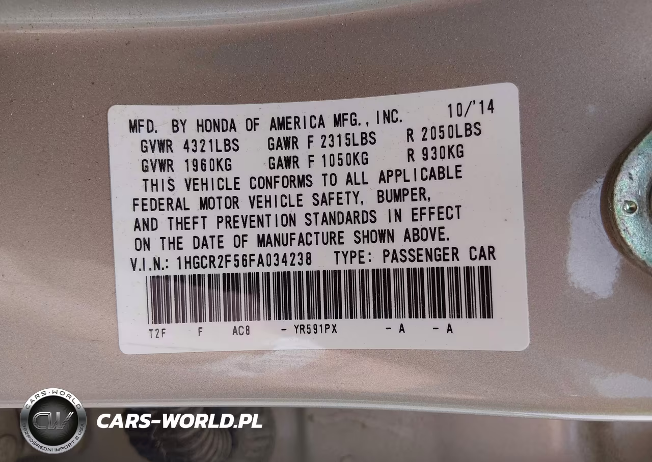 2015 Honda Accord Sport VIN:1HGCR2F56FA034238 - 9