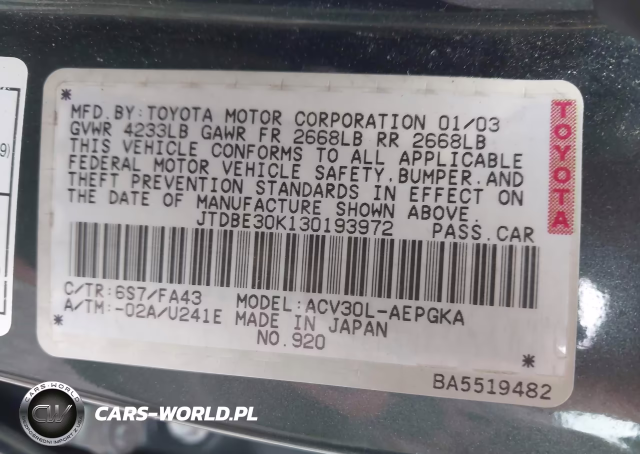 2003 Toyota Camry Xle VIN:JTDBE30K130193972 - 9