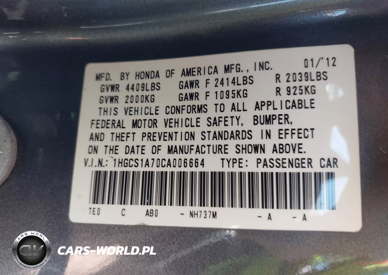 2012 Honda Accord 2.4 Ex VIN:1HGCS1A70CA006664 - 9