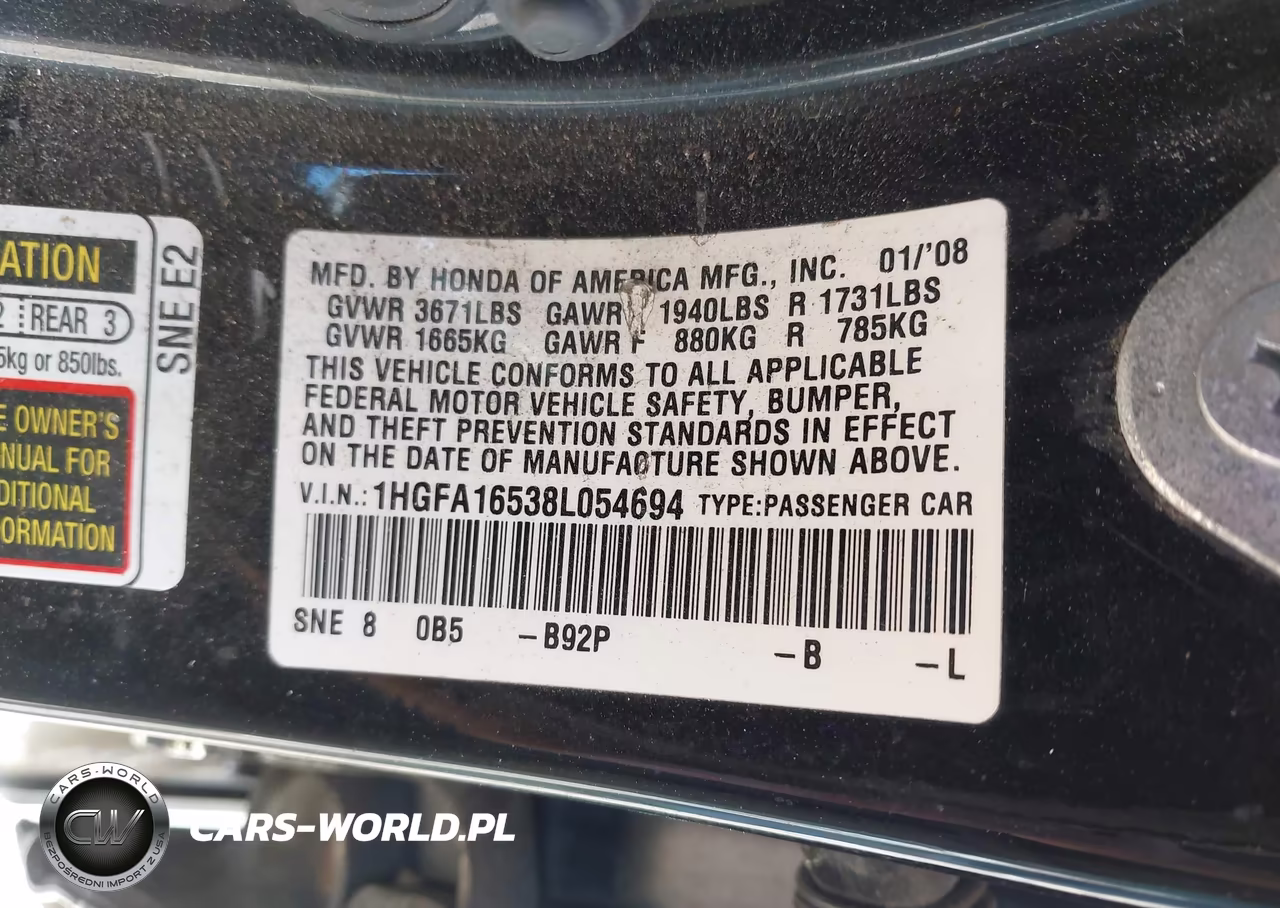 2008 Honda Civic Lx VIN:1HGFA16538L054694 - 9