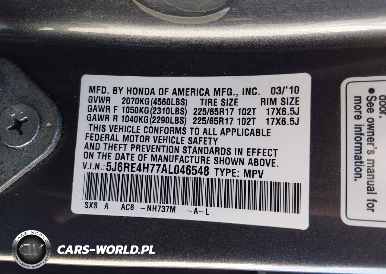 2010 Honda Cr-V Ex-L VIN:5J6RE4H77AL046548 - 9