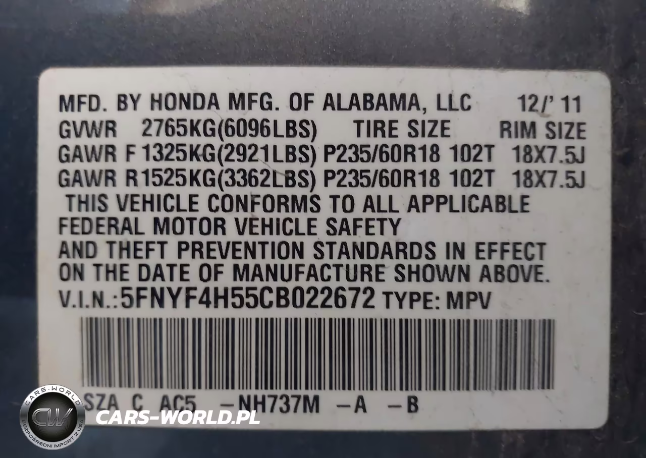 2012 Honda Pilot Ex-L VIN:5FNYF4H55CB022672 - 9