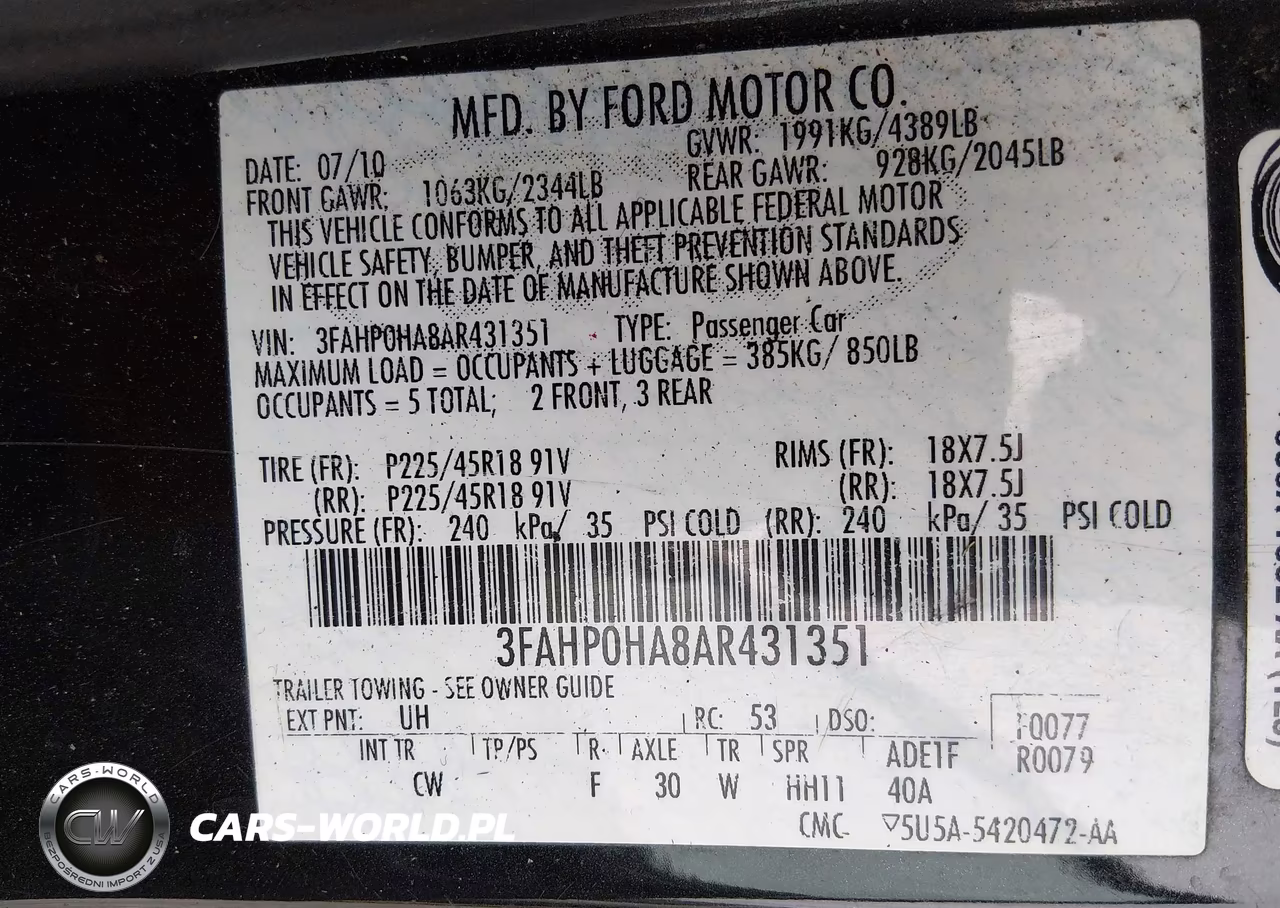 2010 Ford Fusion Se VIN:3FAHP0HA8AR431351 - 9