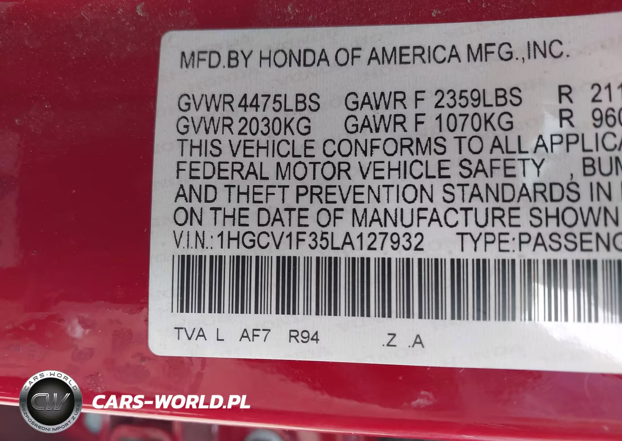 2020 Honda Accord Sport VIN:1HGCV1F35LA127932 - 9
