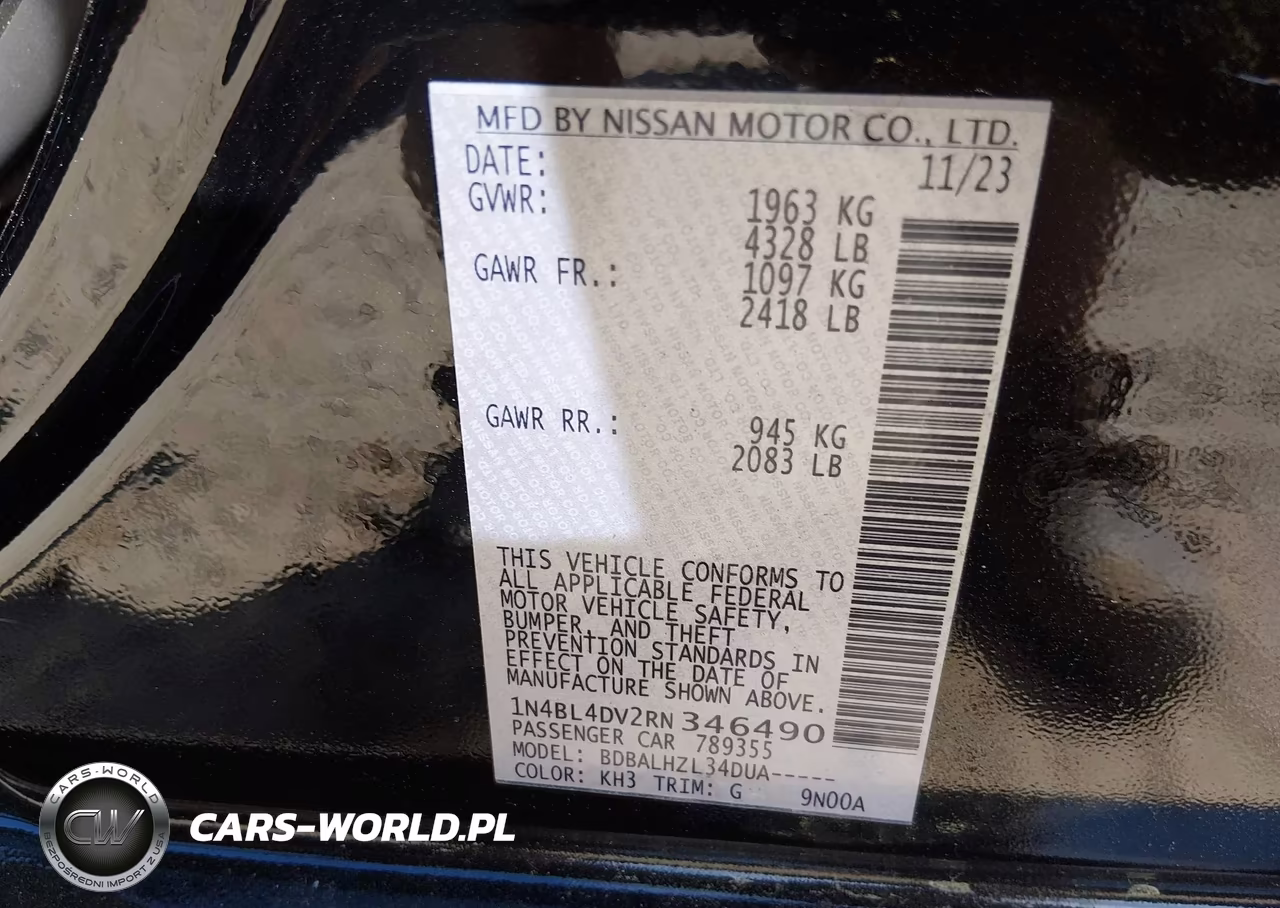 2024 Nissan Altima Sv Fwd VIN:1N4BL4DV2RN346490 - 9