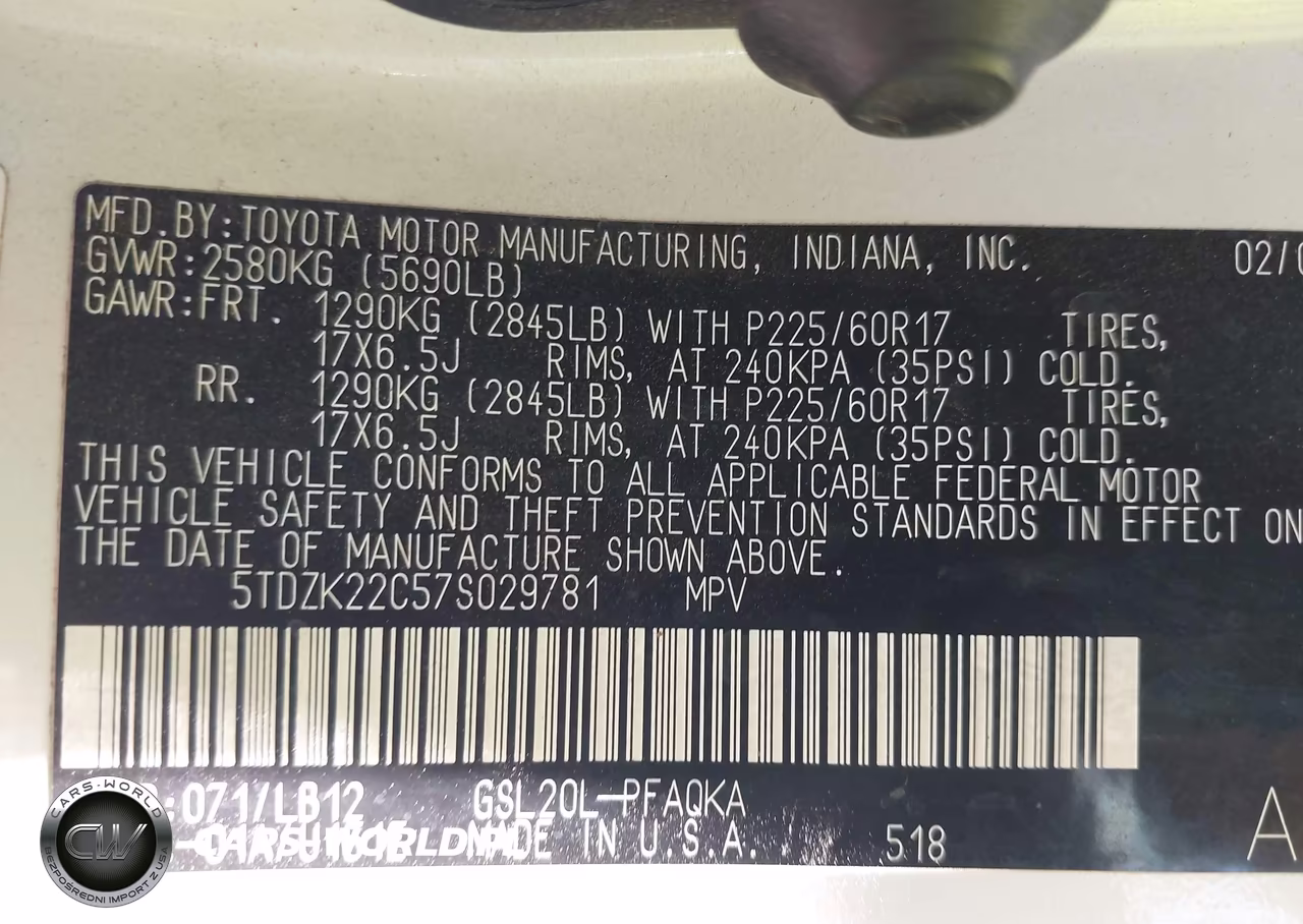 2007 Toyota Sienna Xle VIN:5TDZK22C57S029781 - 9