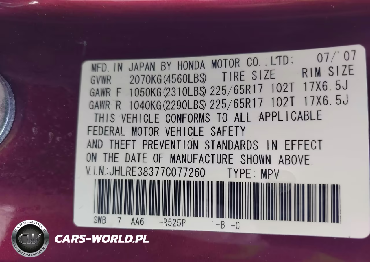 2007 Honda Cr-V Lx VIN:JHLRE38377C077260 - 9