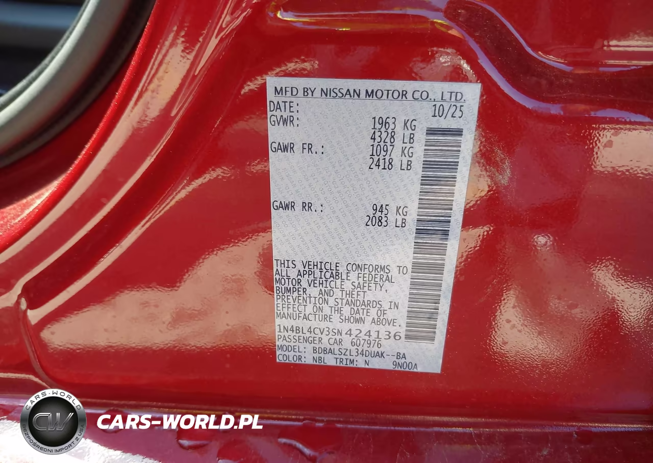 2025 Nissan Altima Sr Fwd VIN:1N4BL4CV3SN424136 - 9