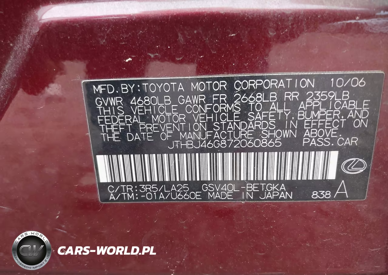 2007 Lexus Es 350 VIN:JTHBJ46G872060865 - 9