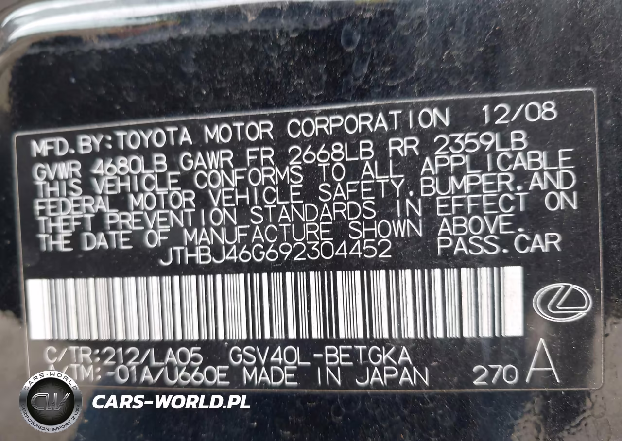 2009 Lexus Es 350 VIN:JTHBJ46G692304452 - 9