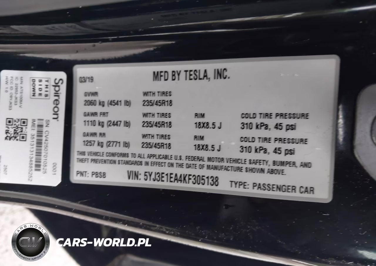2019 Tesla Model 3 VIN:5YJ3E1EA4KF305138 - 9