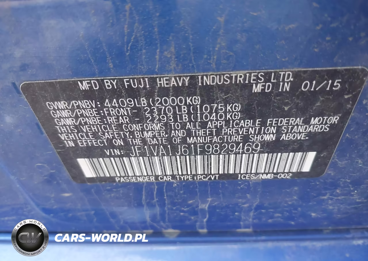 2015 Subaru Wrx Limited VIN:JF1VA1J61F9829469 - 9