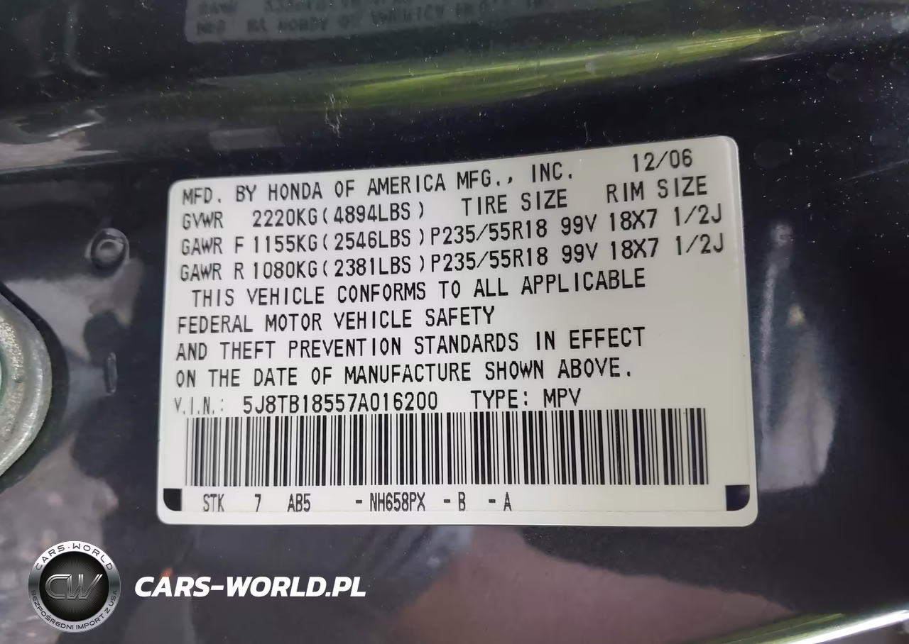 2007 Acura Rdx VIN:5J8TB18557A016200 - 9