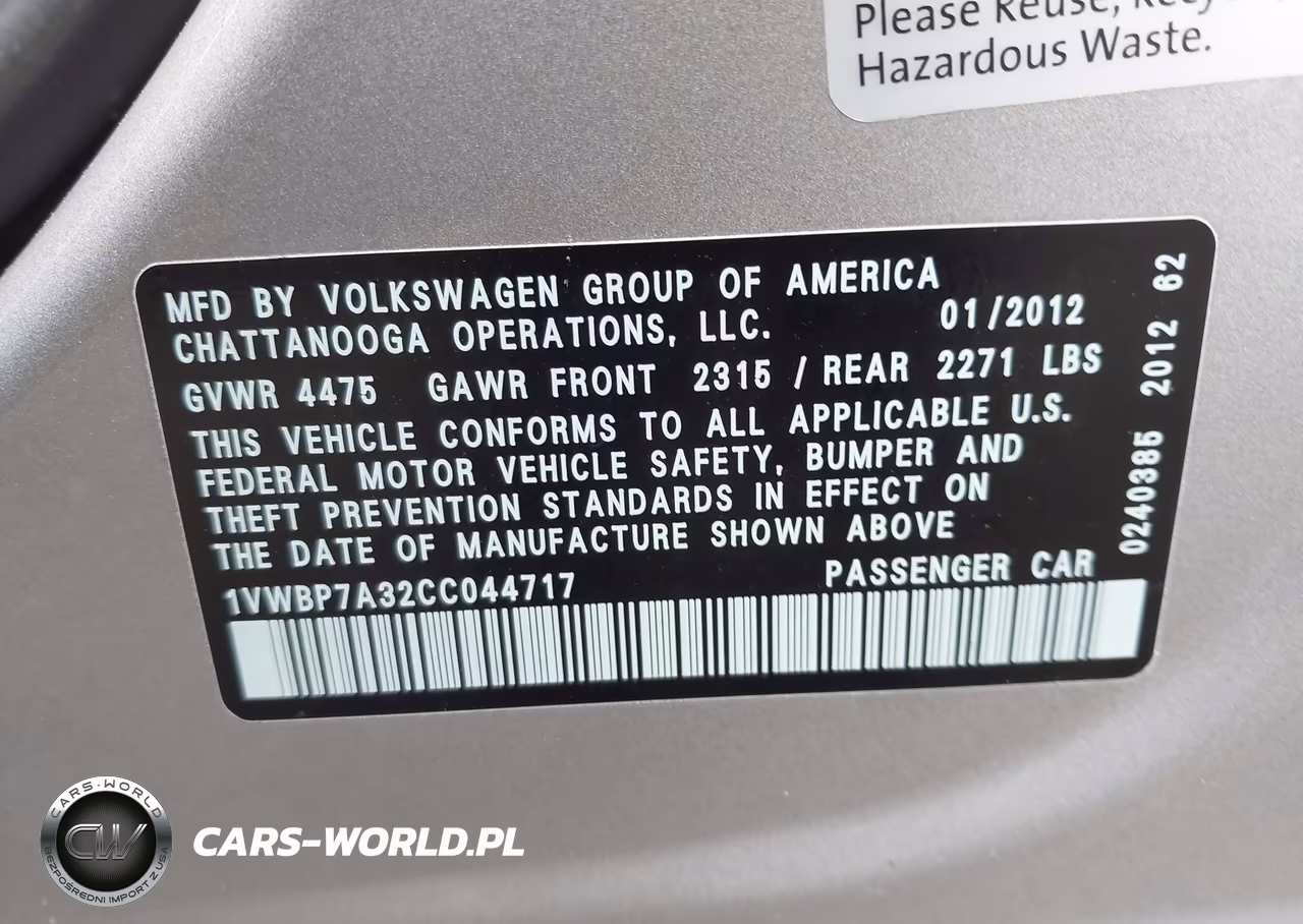 2012 Volkswagen Passat 2.5L Se VIN:1VWBP7A32CC044717 - 9