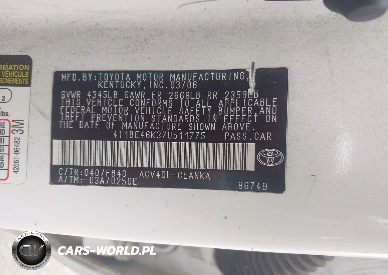 2007 Toyota Camry Ce VIN:4T1BE46K37U511775 - 9
