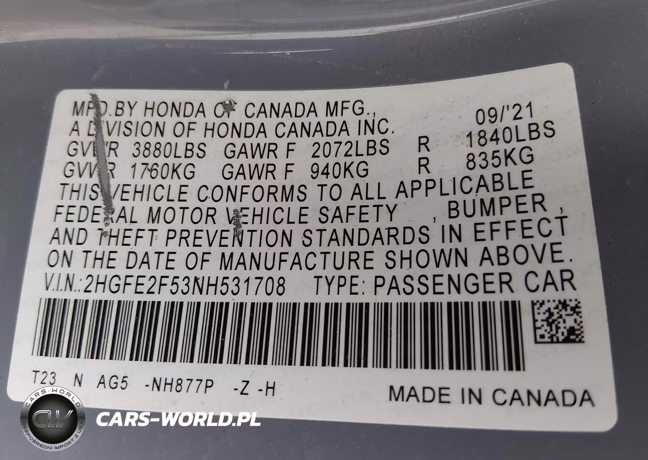 2022 Honda Civic Sport VIN:2HGFE2F53NH531708 - 9