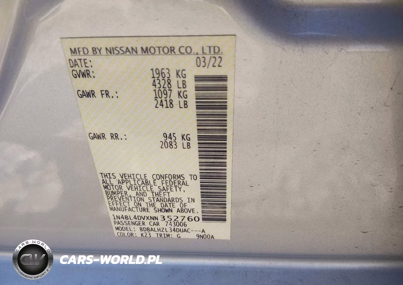 2022 Nissan Altima Sv Fwd VIN:1N4BL4DVXNN352760 - 9