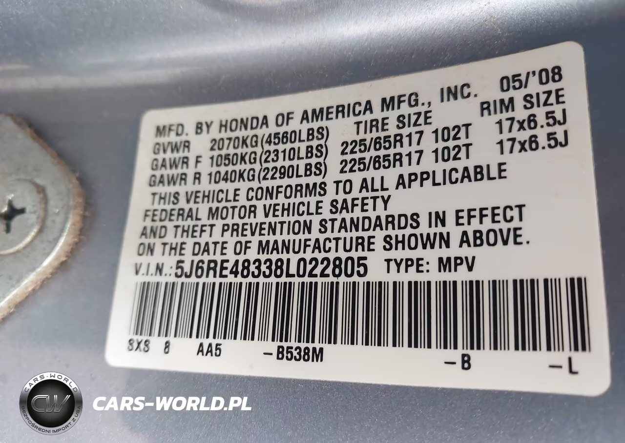2008 Honda Cr-V Lx VIN:5J6RE48338L022805 - 9