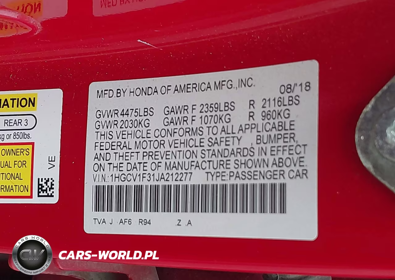 2018 Honda Accord Sport VIN:1HGCV1F31JA212277 - 9