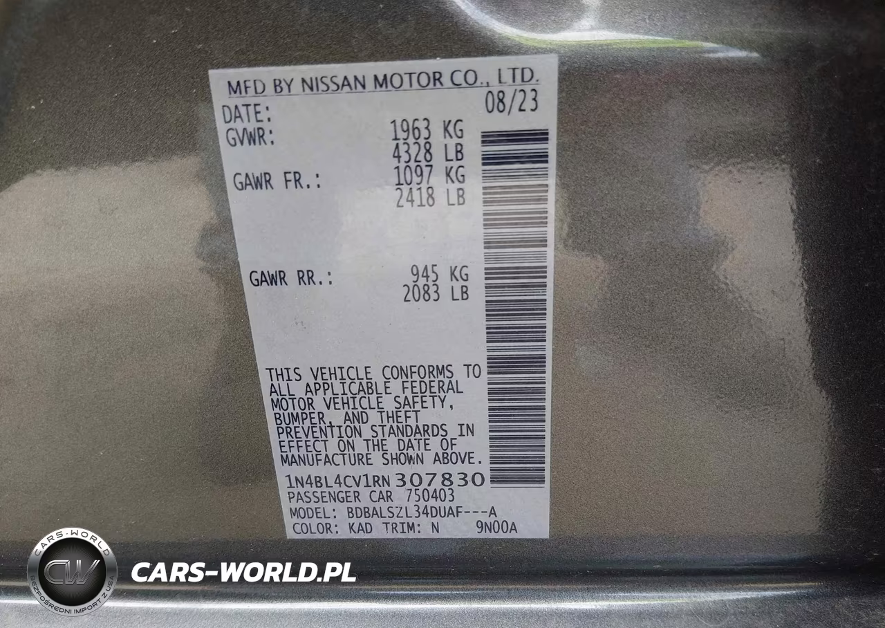 2024 Nissan Altima Sr Fwd VIN:1N4BL4CV1RN307830 - 9