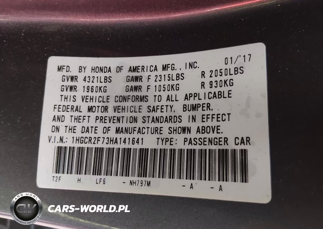 2017 Honda Accord Ex VIN:1HGCR2F73HA141641 - 9