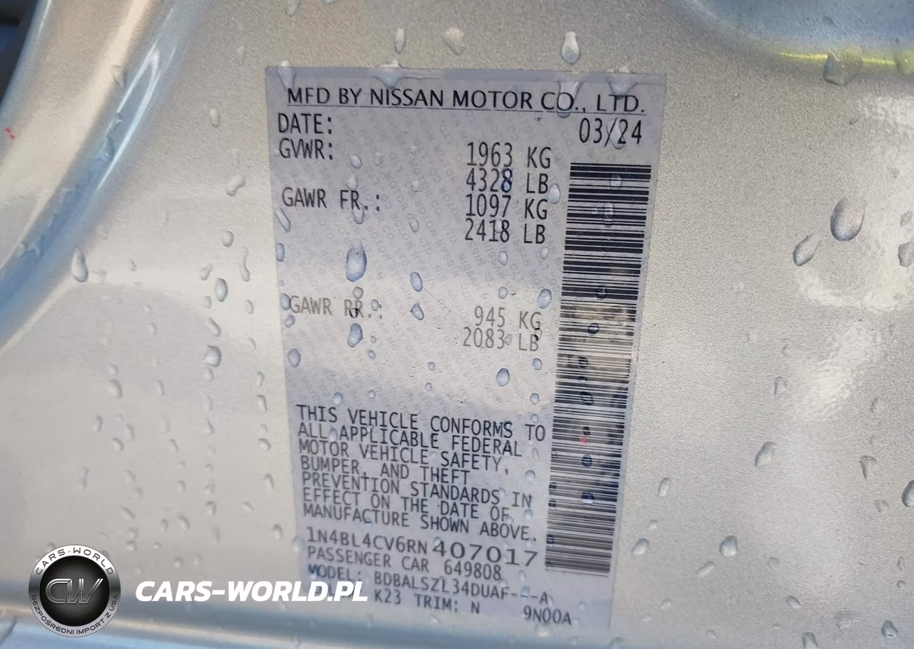 2024 Nissan Altima Sr Fwd VIN:1N4BL4CV6RN407017 - 9