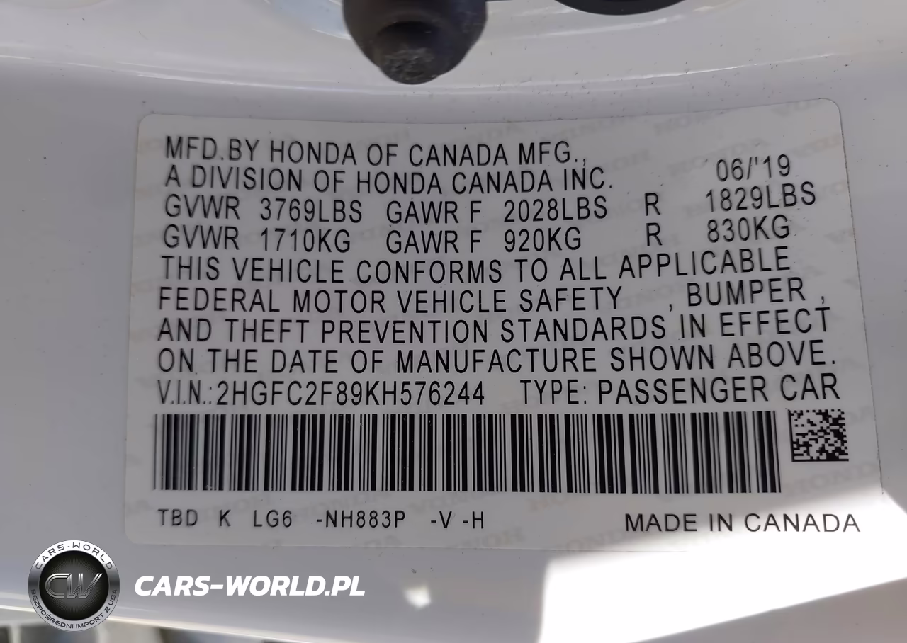 2019 Honda Civic Sport VIN:2HGFC2F89KH576244 - 9