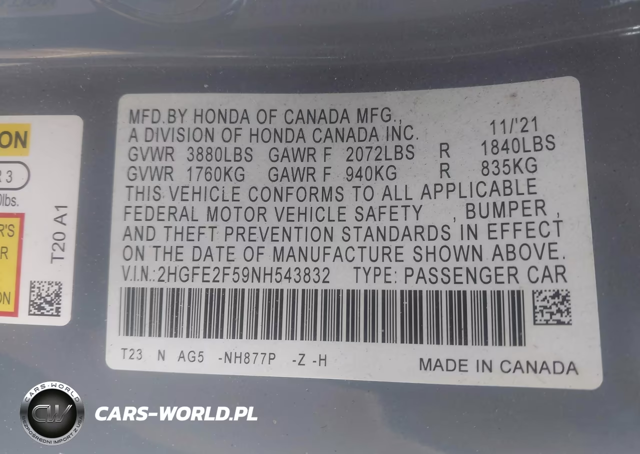 2022 Honda Civic Sport VIN:2HGFE2F59NH543832 - 9
