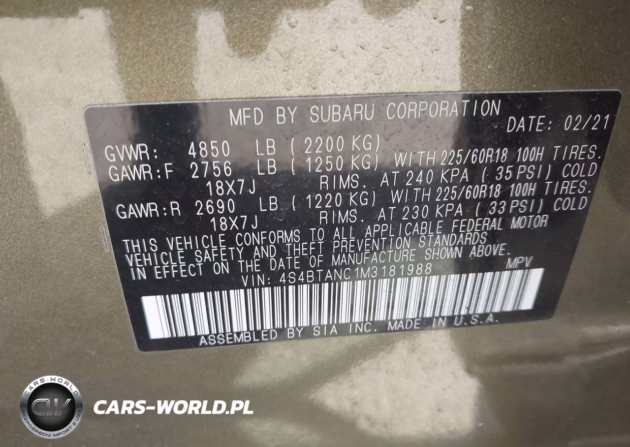 2021 Subaru Outback Limited VIN:4S4BTANC1M3181988 - 9
