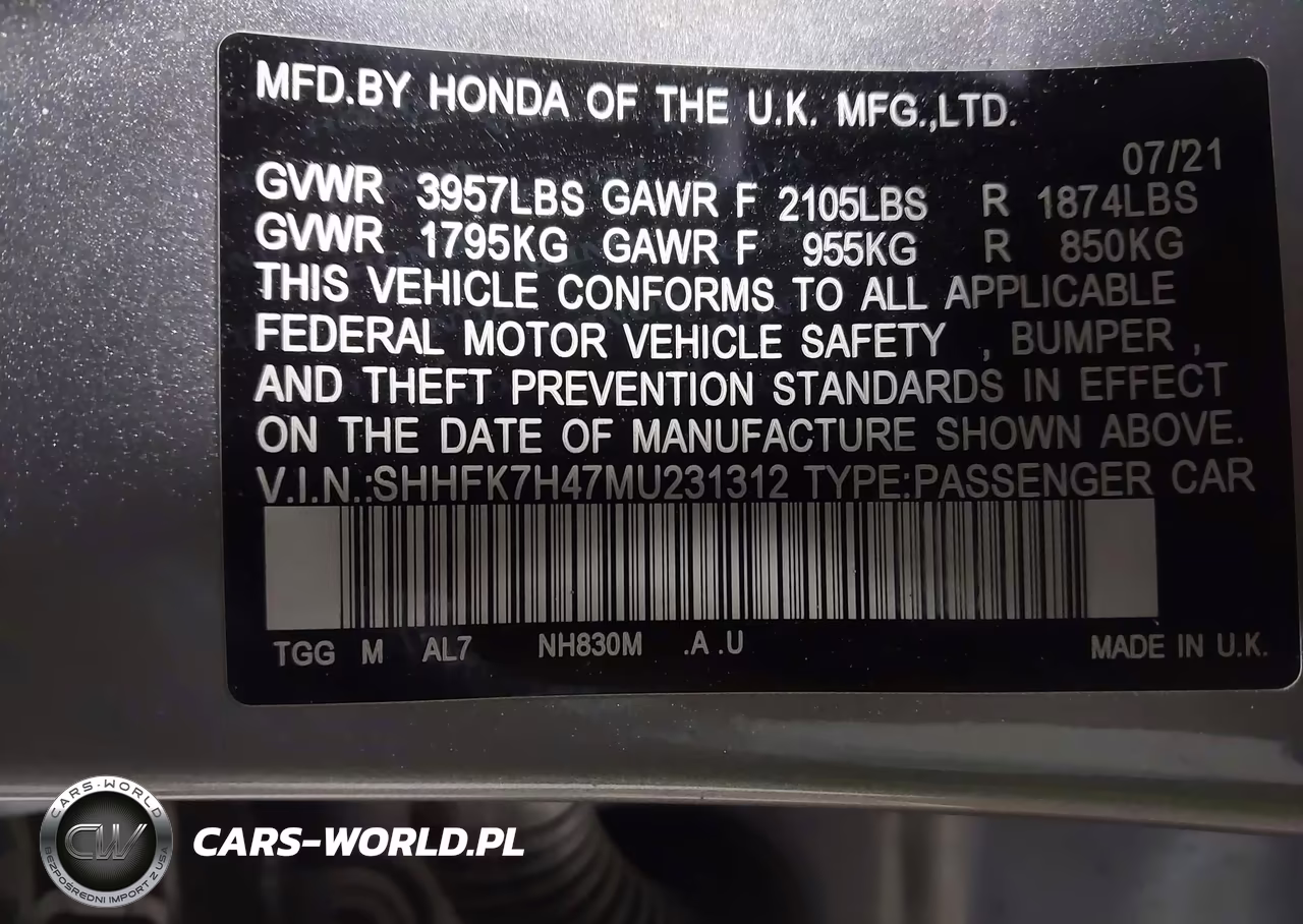 2021 Honda Civic Sport VIN:SHHFK7H47MU231312 - 9