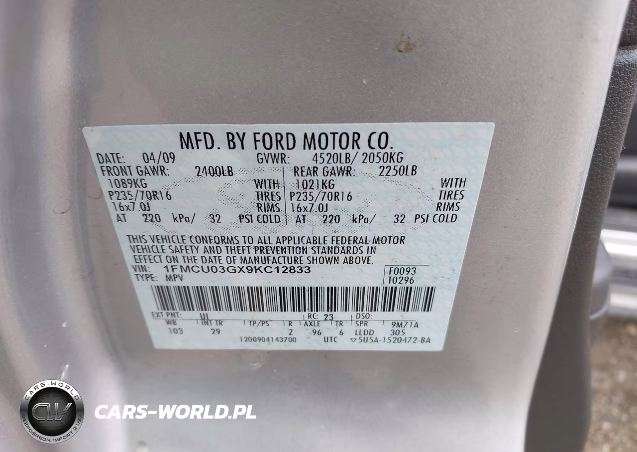 2009 Ford Escape Xlt VIN:1FMCU03GX9KC12833 - 9