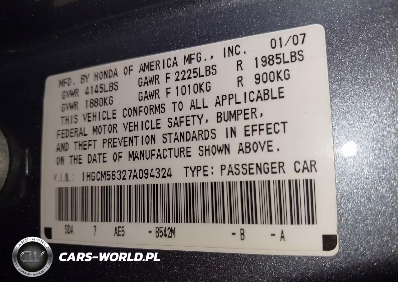 2007 Honda Accord 2.4 Se VIN:1HGCM56327A094324 - 9