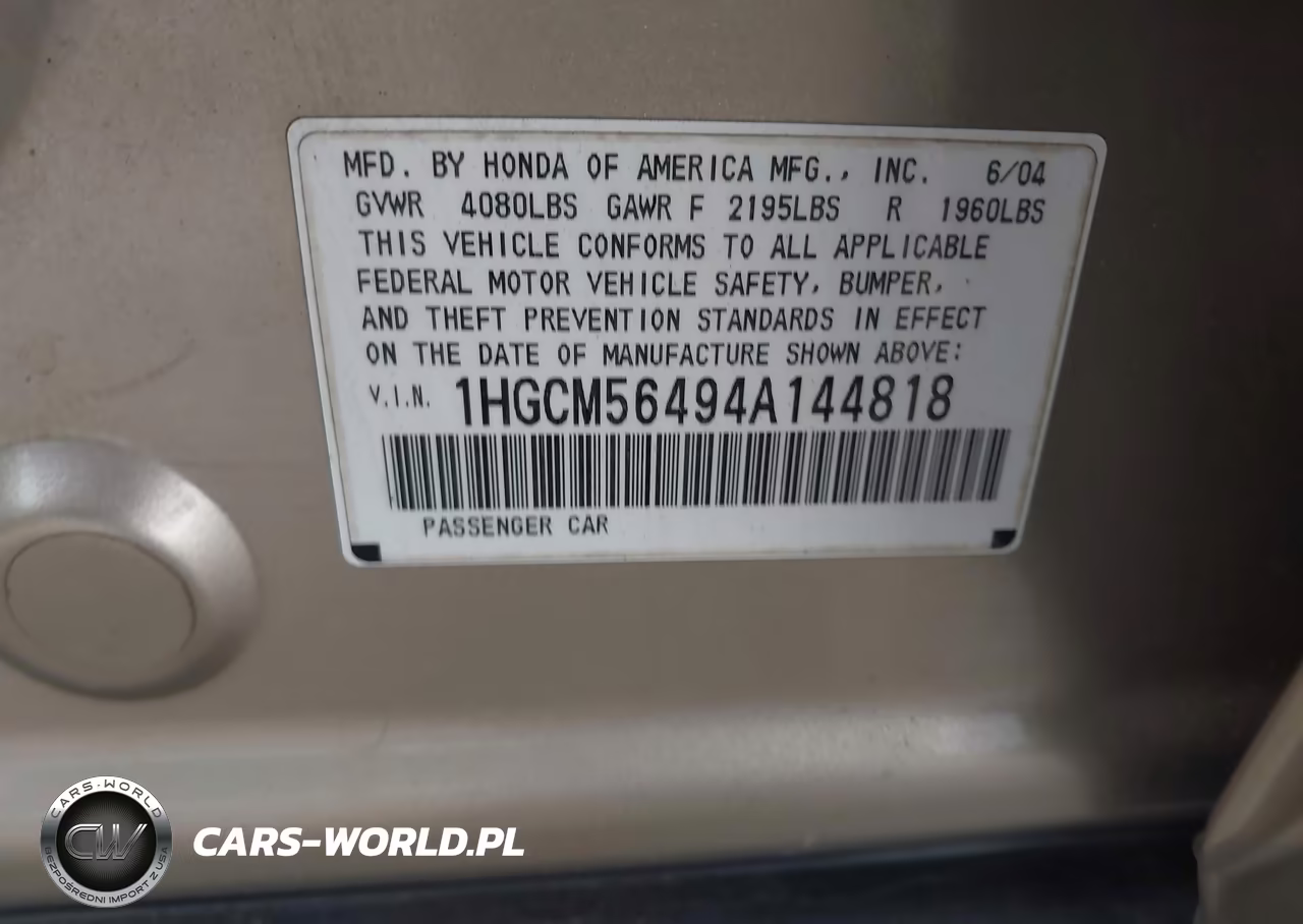 2004 Honda Accord 2.4 Lx VIN:1HGCM56494A144818 - 9