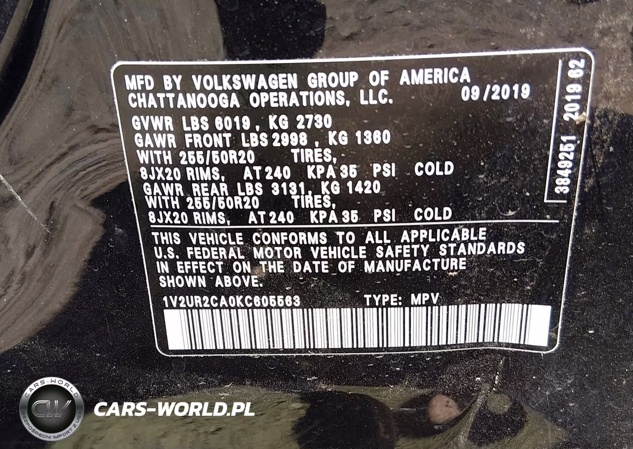 2019 Volkswagen Atlas 3.6L V6 Se W-Technology VIN:1V2UR2CA0KC605563 - 9