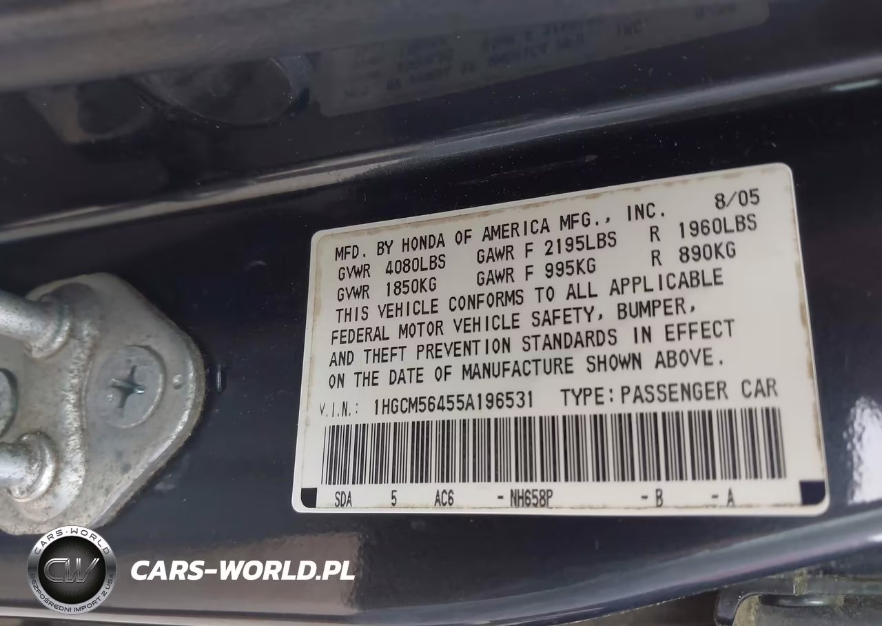 2005 Honda Accord 2.4 Lx VIN:1HGCM56455A196531 - 9